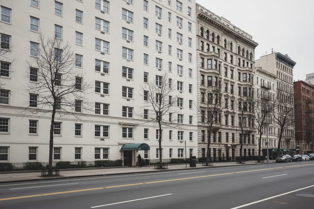Postwar white brick and older limestone apartment houses along a wide avenue